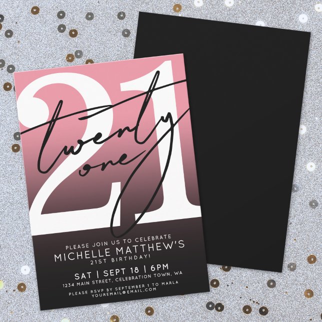 Convite Aniversário de 21 anos preto rosa (Pink Black Modern 21st Birthday Invitation)