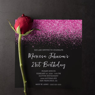 Convite Aniversário de 21 anos preto rosa quente brilhante