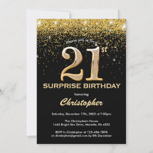Convite Aniversário de 21 anos preto surpreendido e brilha