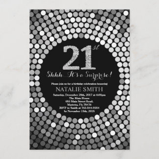 Convite Aniversário de 21 anos preto surpreendido e brilho