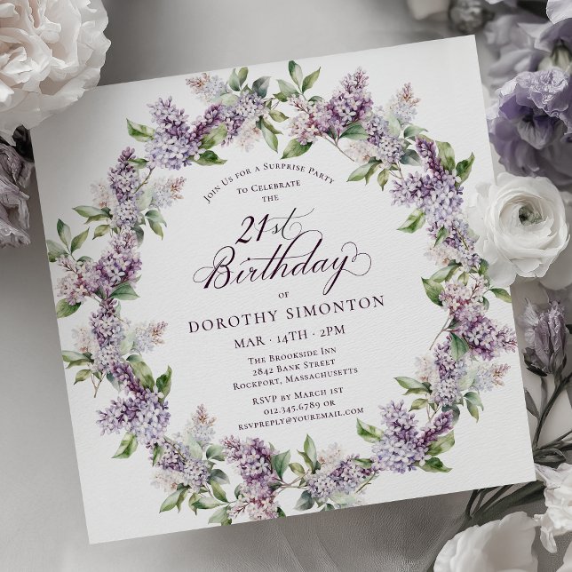Convite ANIVERSÁRIO DE 21 ANOS Púrpura Lilac Floral do PAR (Criador carregado)