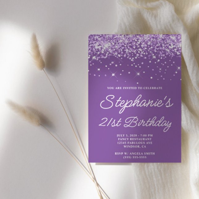 Convite Aniversário de 21 anos púrpura pálida da literia (Purple Glam 21st Birthday Invites)