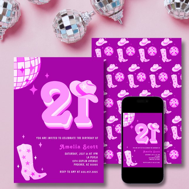 Convite aniversário de 21 anos Retro Disco Cowgirl Rodeo R (Criador carregado)