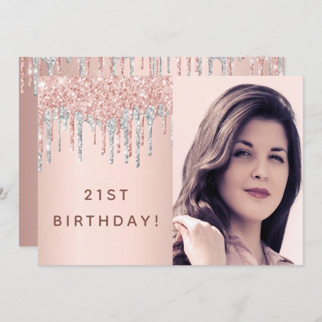 Convite aniversário de 21 anos rosa dourado fotografia cor (Frente/Verso)