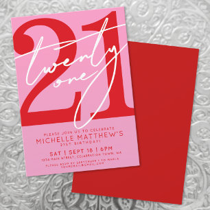 Convite Aniversário de 21 anos Rosa Moderno Vermelho