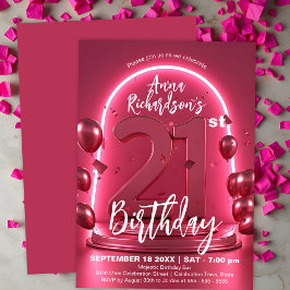 Convite Aniversário de 21 anos Rosa Neon Chic Radiante com