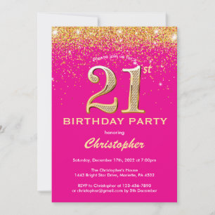 Convite aniversário de 21 anos, Rosa Quente e Glitter Dour