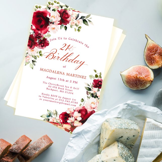 Convite aniversário de 21 anos Rosa vermelha Rosa Peony Fl (Criador carregado)