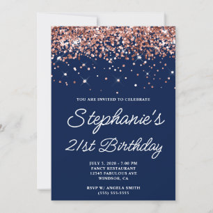 Convite Aniversário de 21 anos Rose Gold Glitter Midnight