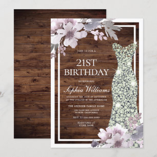 Convite Aniversário de 21 anos Roxo de Vestido Floral Roxo