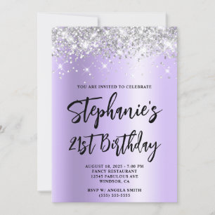 Convite Aniversário de 21 anos Silver Glitter Lavender Shi