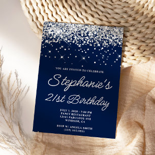 Convite Aniversário de 21 anos Silver Glitter Midnight Blu