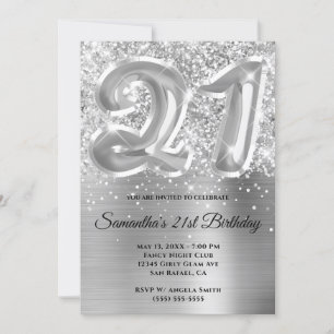 Convite Aniversário de 21 anos Sparkly Glittery Silver Gla