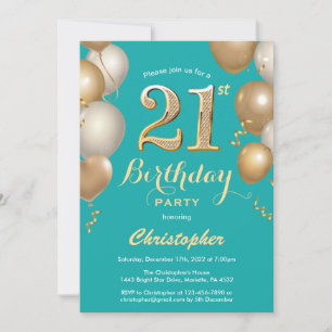 Convite aniversário de 21 anos Teal e Balões Dourados Co