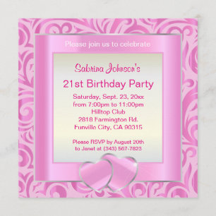 Convite aniversário de 21 anos   Verdadeiro Rosa, Prata e 