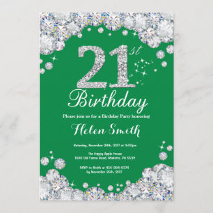 Convite aniversário de 21 anos Verde e Silver Diamond