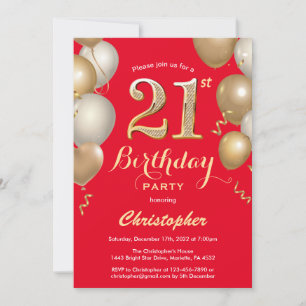 Convite aniversário de 21 anos Vermelho e Dourado Balões