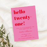 Convite Aniversário de 21 anos Vermelho Moderno Cor-de-Ros<br><div class="desc">Típografia a negrito,  rosa-claro e aniversário de 21 anos vermelho moderno</div>