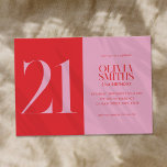 Convite Aniversário de 21 anos Vermelho Rosa Minimalista M<br><div class="desc">Aniversário de 21 anos minimalista moderno com design simples com tipografia chic elegante,  cor rosa e vermelha.</div>