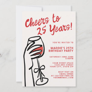 Convite Aniversário de 25 anos com Vinho Tinto Desenhado à