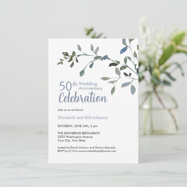 Convite Aniversário de 25 anos de Casamento Aquarela Azul  (Em pé/Frente)