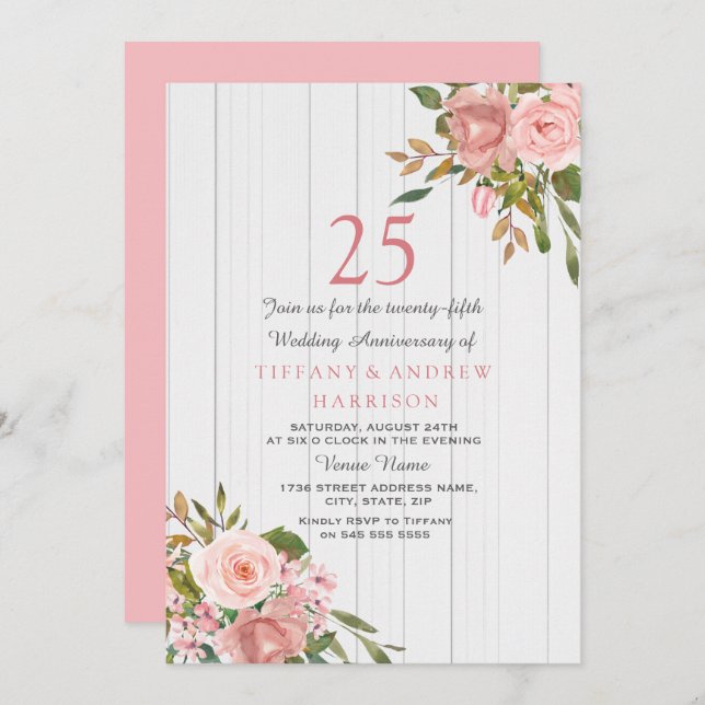 Convite Aniversário de 25 anos de casamento Blush Rose Gol (Frente/Verso)