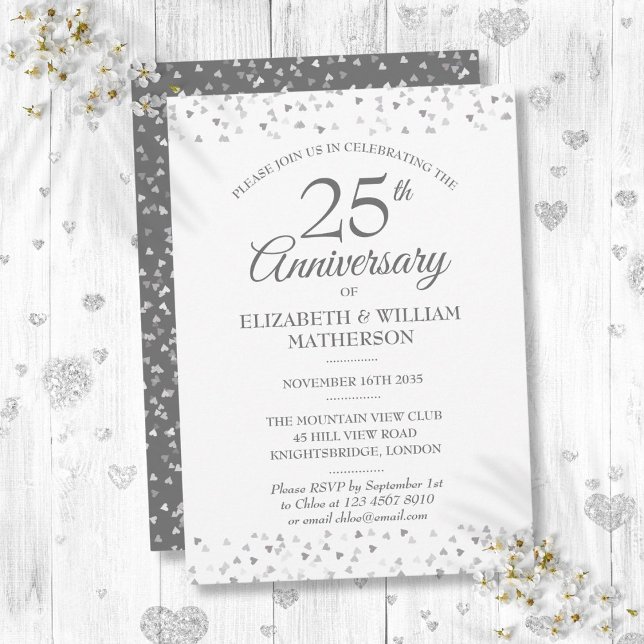 Convite Aniversário de 25 Anos de Casamento Corações de Pr (25th Wedding Anniversary Silver Love Hearts Invitation)