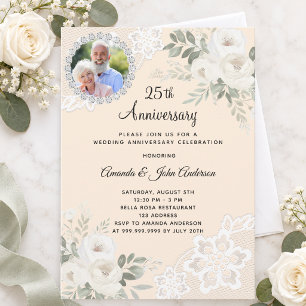 Convite aniversário de 25 anos de casamento creme flores d