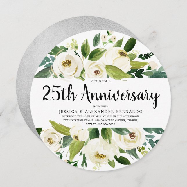 Convite Aniversário de 25 anos de Casamento Floral Prata (Frente/Verso)
