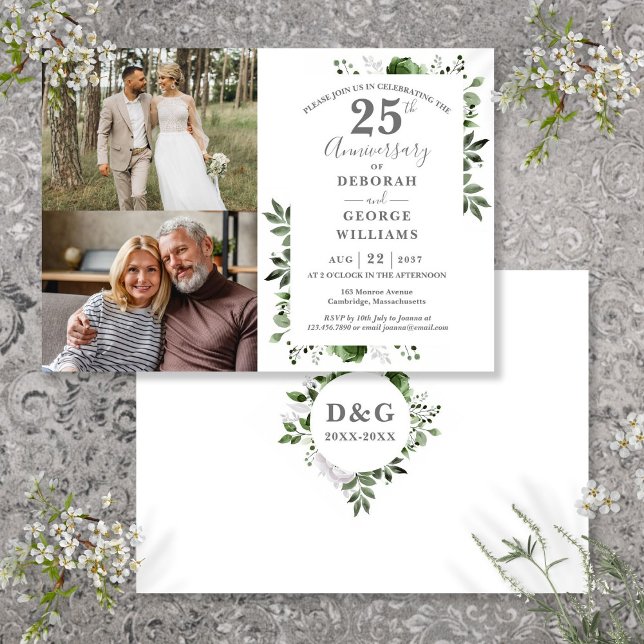 Convite Aniversário de 25 anos de casamento floral Then &  (Floral 25th Wedding Anniversary Then & Now 2 Photo Invitation)