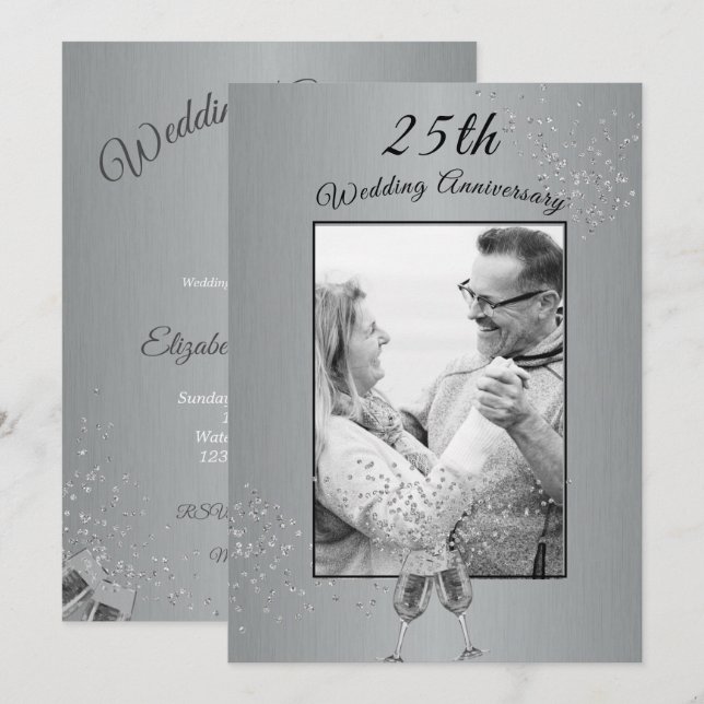 Convite Aniversário de 25 anos de Casamento Foto Prata (Frente/Verso)