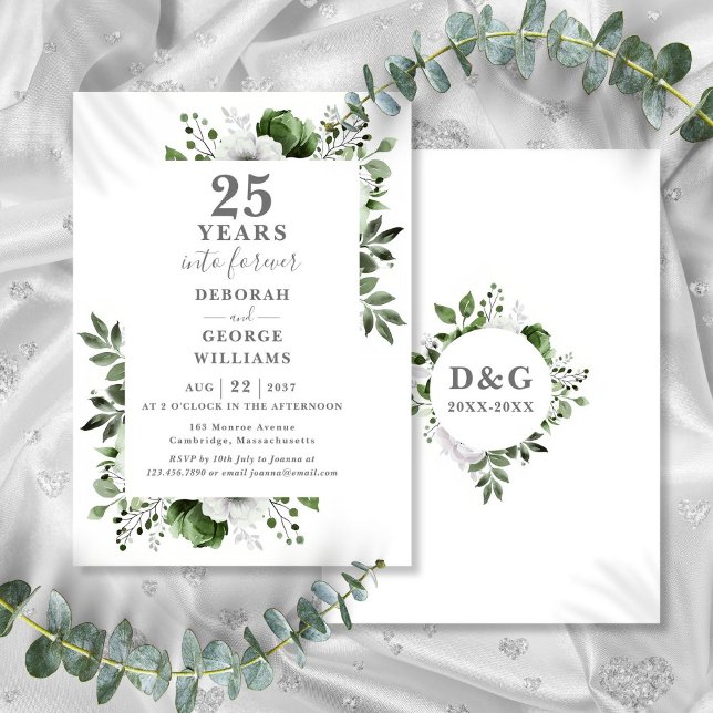 Convite Aniversário de 25 anos de Casamento Monograma Flor (25th Wedding Anniversary Greenery Floral Monogram Invitation)