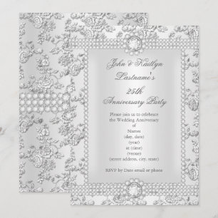 Convite Aniversário de 25 anos Diamante Rosa Damask Prata