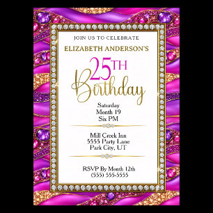 Convite Aniversário de 25 anos Glam Pink Gold Jeweled Stra