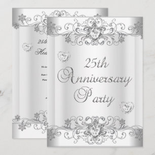 Convite Aniversário de 25 anos Silver White Diamond Hearts