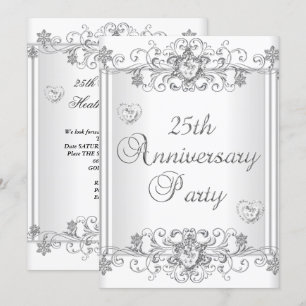 Convite Aniversário de 25 anos Silver White Diamond Hearts