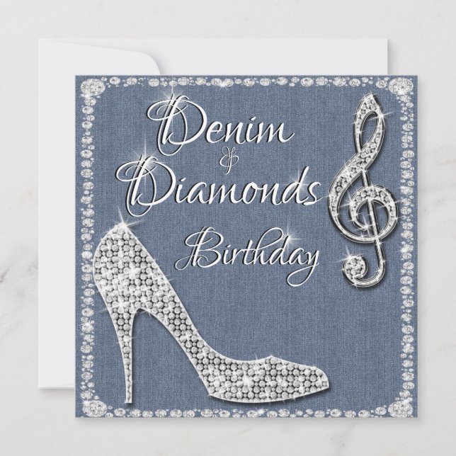 Convite Aniversário de 25 de Denim & Diamantes (Frente)