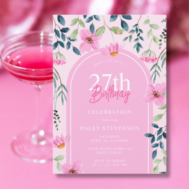 Convite Aniversário de 27 anos Floral Rosa Elegante Femini (Criador carregado)