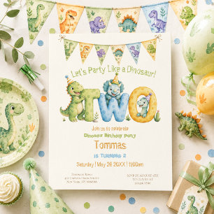 Convite Aniversário de 2 anos com tema de dinossauro fofo