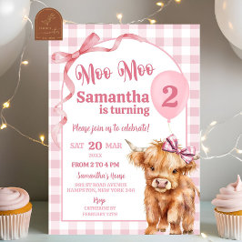 Convite Aniversário de 2 anos da Cow Girl Gingham Rosa Pre