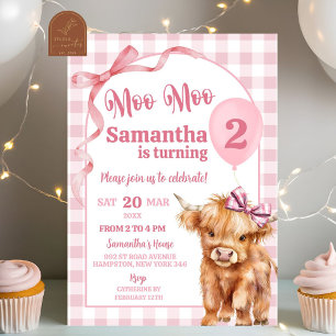 Convite Aniversário de 2 anos da Cow Girl Gingham Rosa Pre