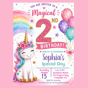 Convite Aniversário de 2 anos da Menina Unicórnio Mágico