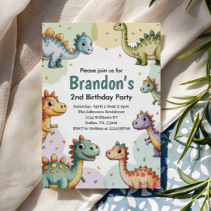 Convite Aniversário de 2 anos de meninos com dinossauro fo