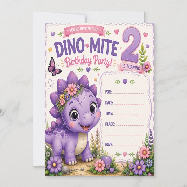 Convite Aniversário de 2 anos Dino-Mite da Pebbles (Frente)