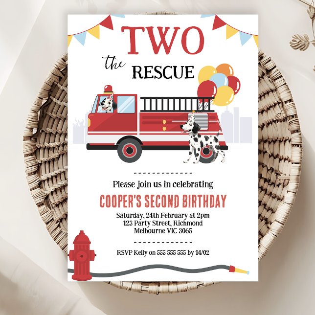 Convite Aniversário de 2 anos do Modern Two The Rescue Cam (Two The Rescue 2nd Birthday Invitation Template Boy, Fire Engine 2nd Birthday Invitation, Dalmatians)