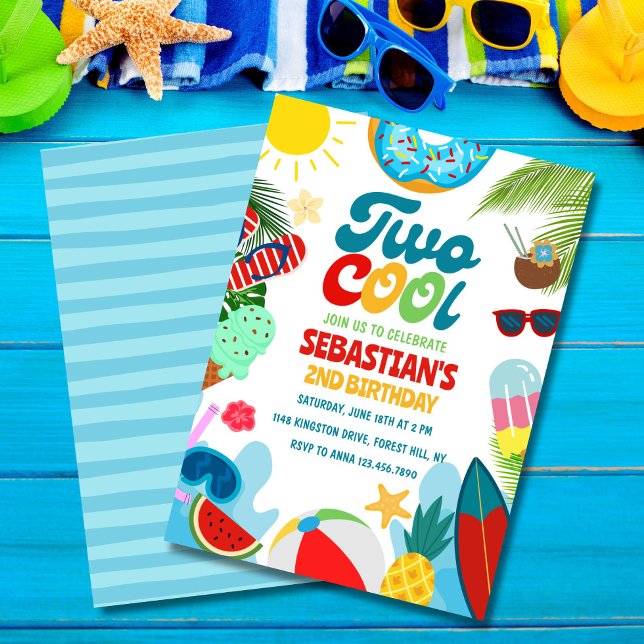 Convite Aniversário de 2 anos Editable Two Cool Pool Party (Summer-themed Two Cool invite – perfect for your two-year-old!)