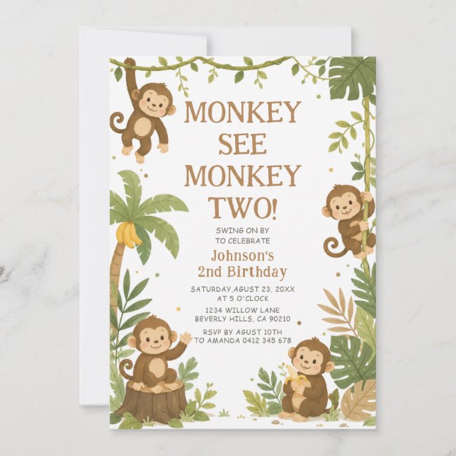 Convite Aniversário de 2 anos Monkey See Monkey Two Jungle (Frente)