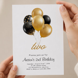 Convite Aniversário de 2 anos Preto e Dourado com Balões