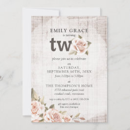 Convite Aniversário de 2 anos Rustic Wood Shabby Chic Rosa
