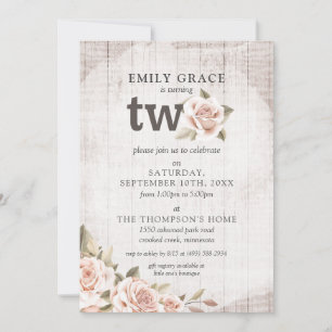Convite Aniversário de 2 anos Rustic Wood Shabby Chic Rosa